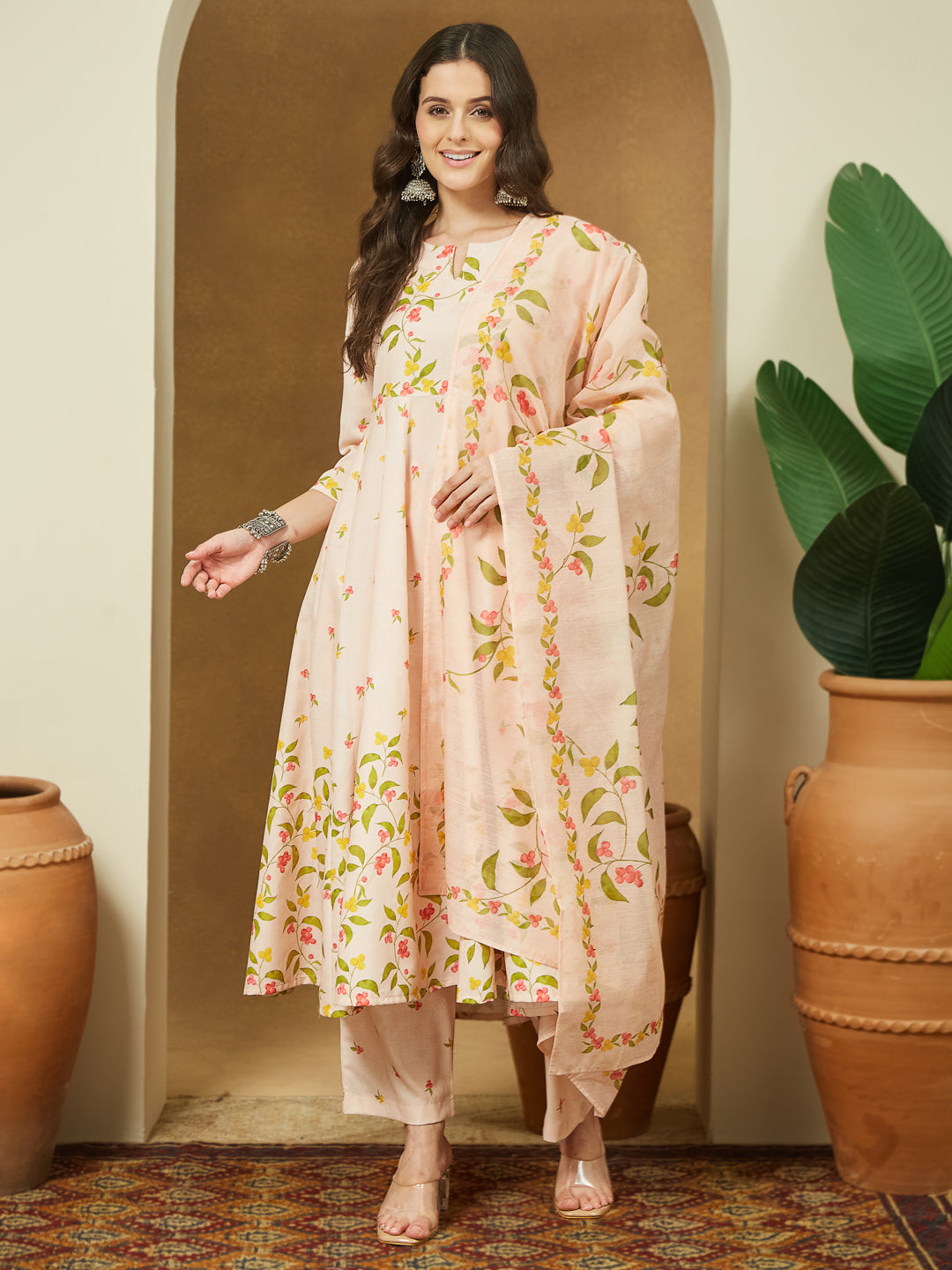 Janasya Women's Peach Cotton Blend Floral Printed Anarkali Kurta Set - qivii