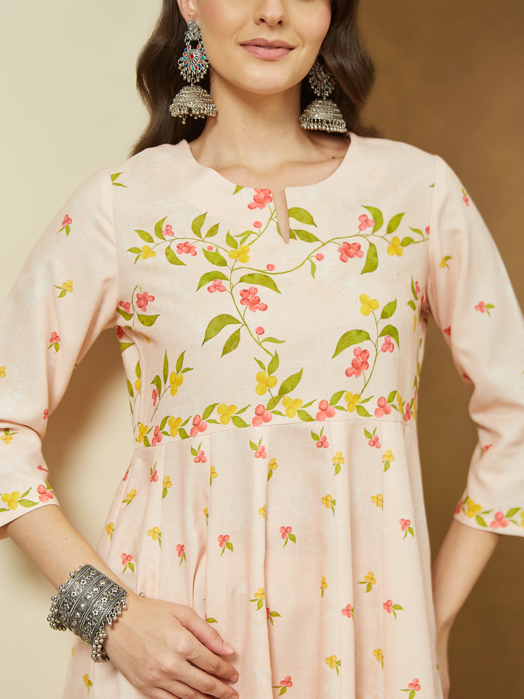 Janasya Women's Peach Cotton Blend Floral Printed Anarkali Kurta Set - qivii
