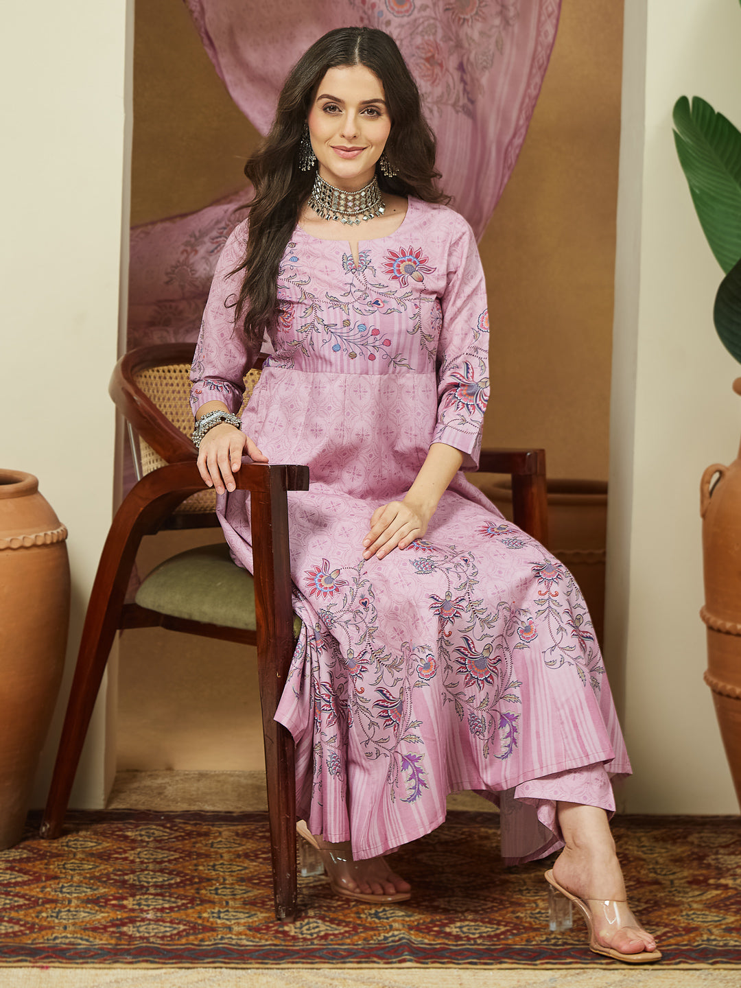 Janasya Women's Lavender Cotton Blend Floral Printed Anarkali Kurta Set - qivii