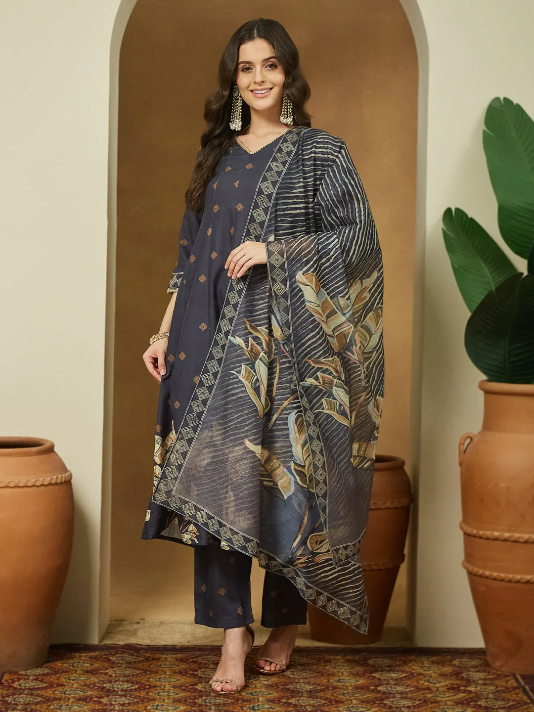 Janasya Women's Black Cotton Blend Embllished A-line Kurta Set