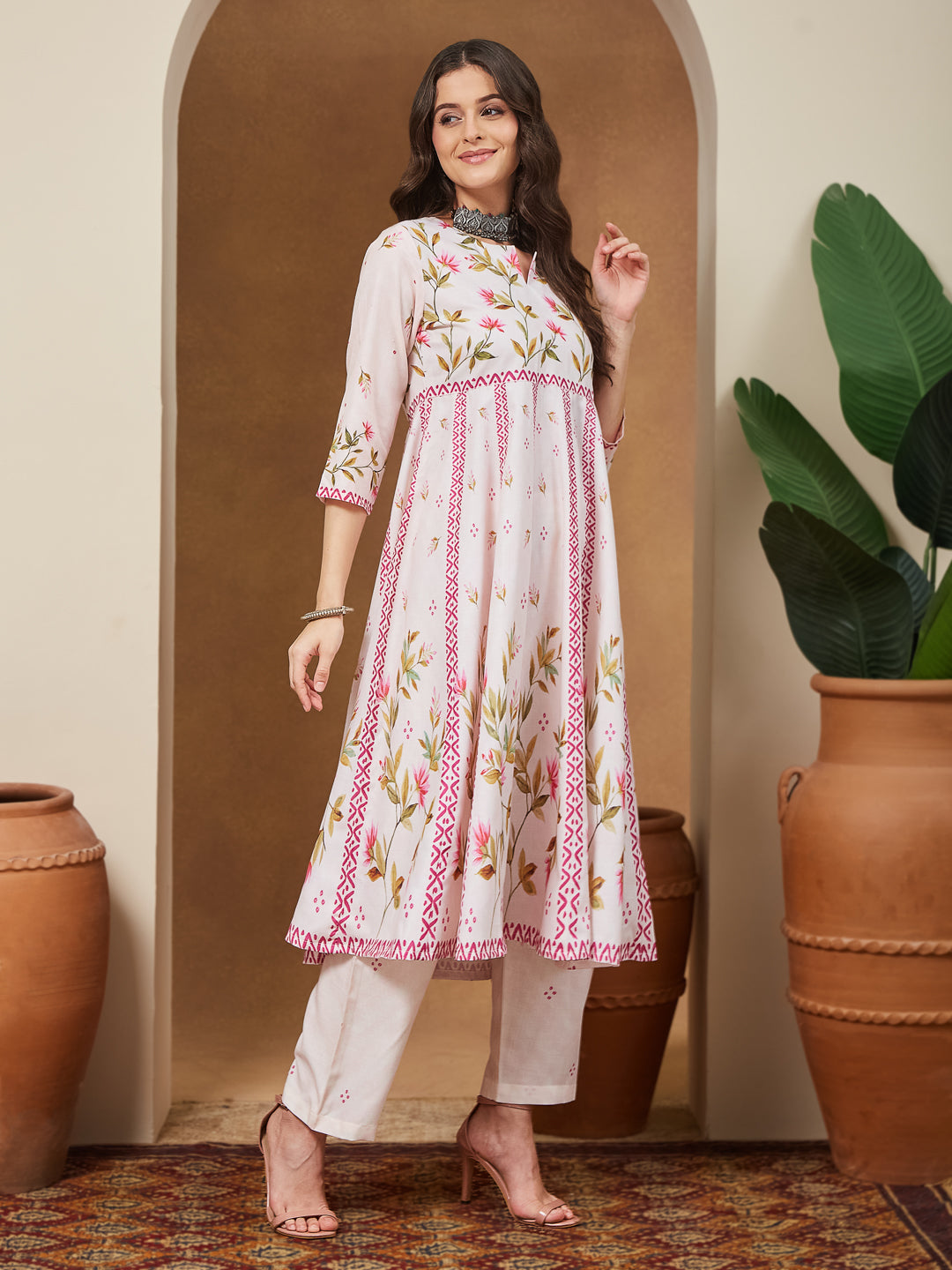 Janasya Women's Cream Cotton Blend Floral Printed Anarkali Kurta Set - qivii