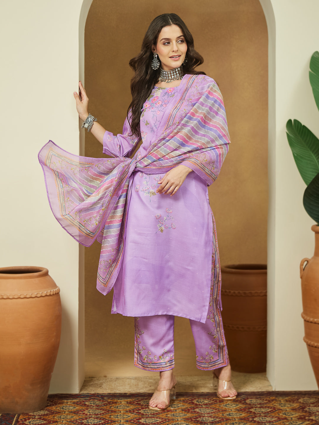 Janasya Women's Lavender Cotton Blend Floral Printed Straight Kurta Set - qivii