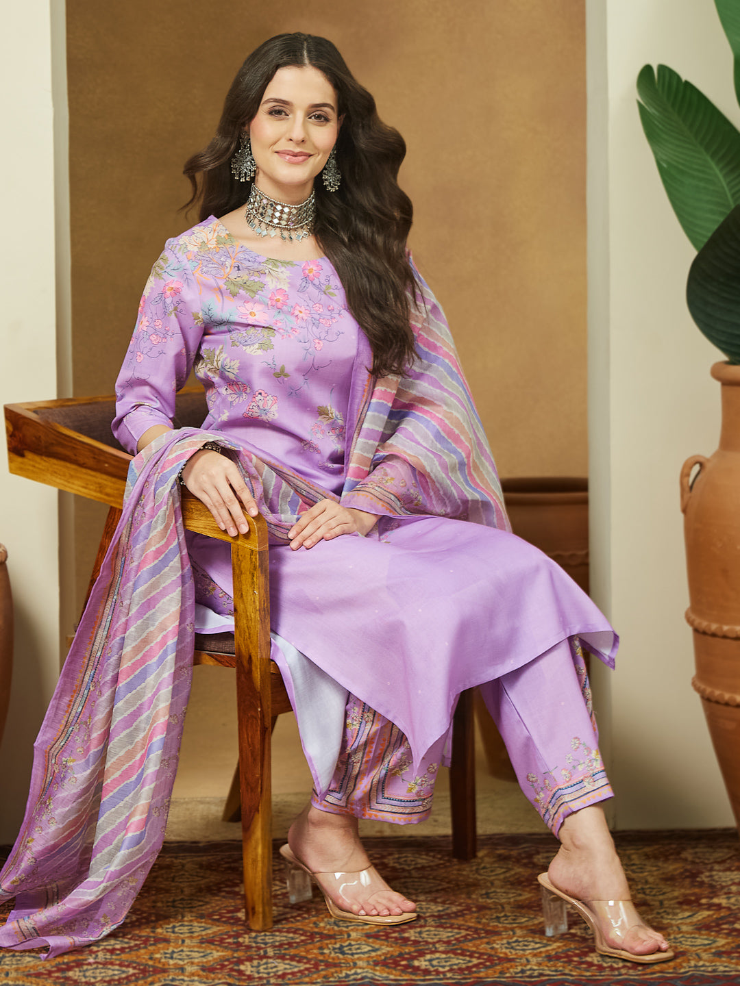 Janasya Women's Lavender Cotton Blend Floral Printed Straight Kurta Set - qivii