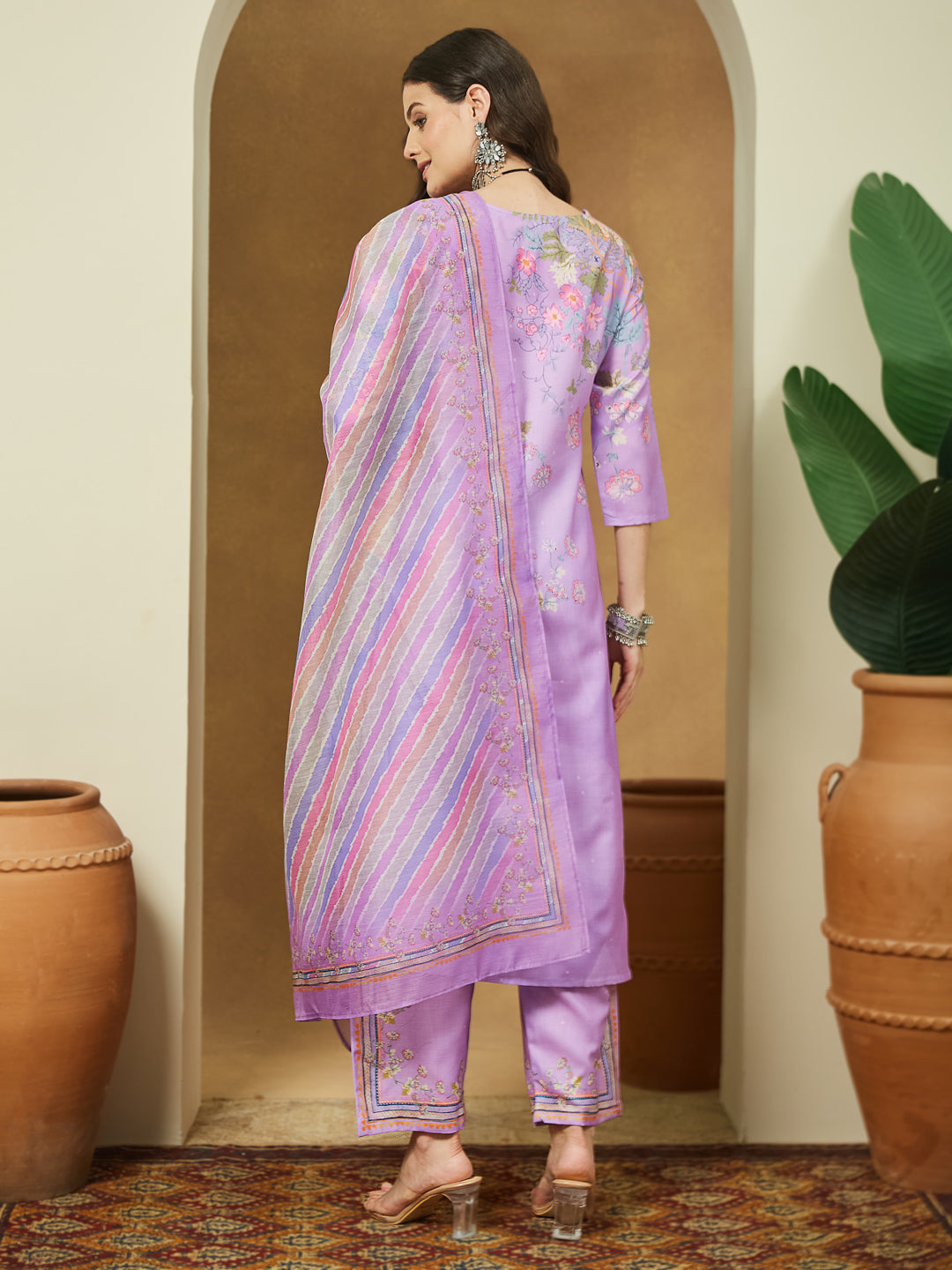 Janasya Women's Lavender Cotton Blend Floral Printed Straight Kurta Set - qivii