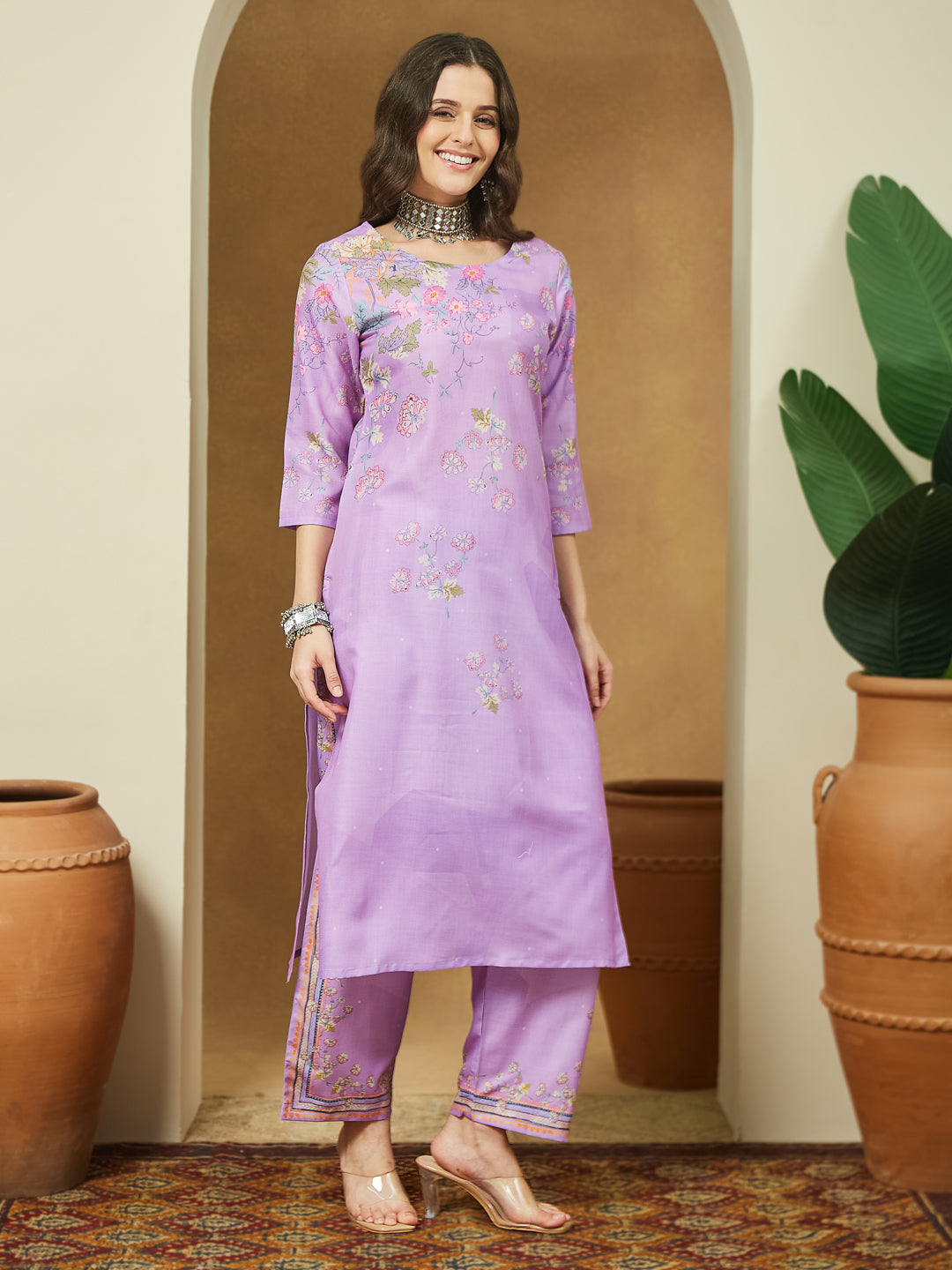 Janasya Women's Lavender Cotton Blend Floral Printed Straight Kurta Set - qivii