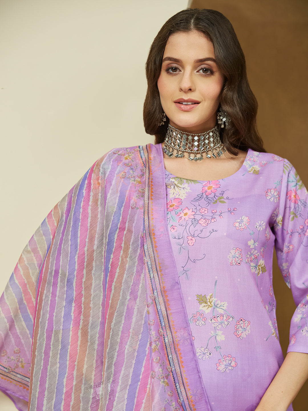 Janasya Women's Lavender Cotton Blend Floral Printed Straight Kurta Set - qivii