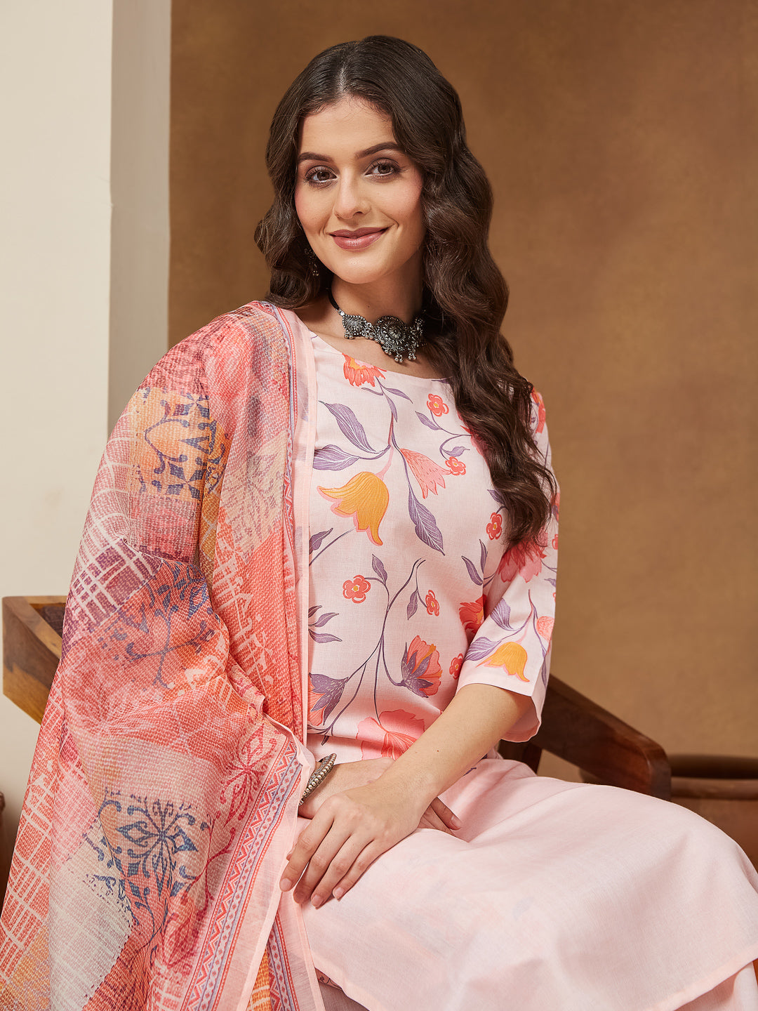 Janasya Women's Peach Cotton Blend Floral Printed Straight Kurta Set