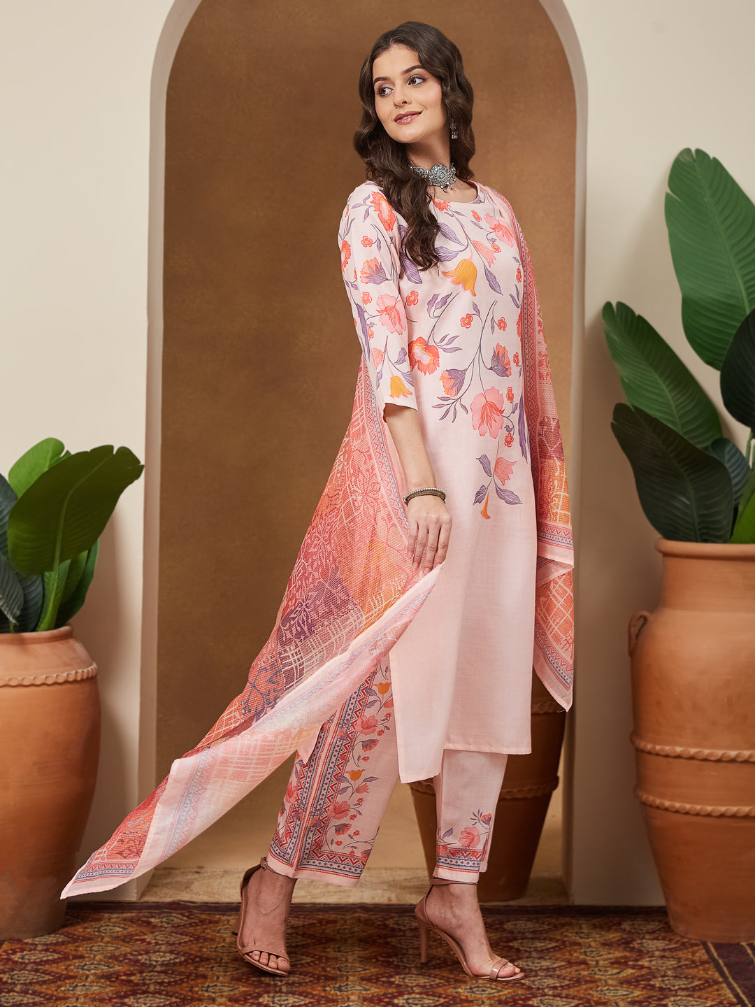 Janasya Women's Peach Cotton Blend Floral Printed Straight Kurta Set - qivii