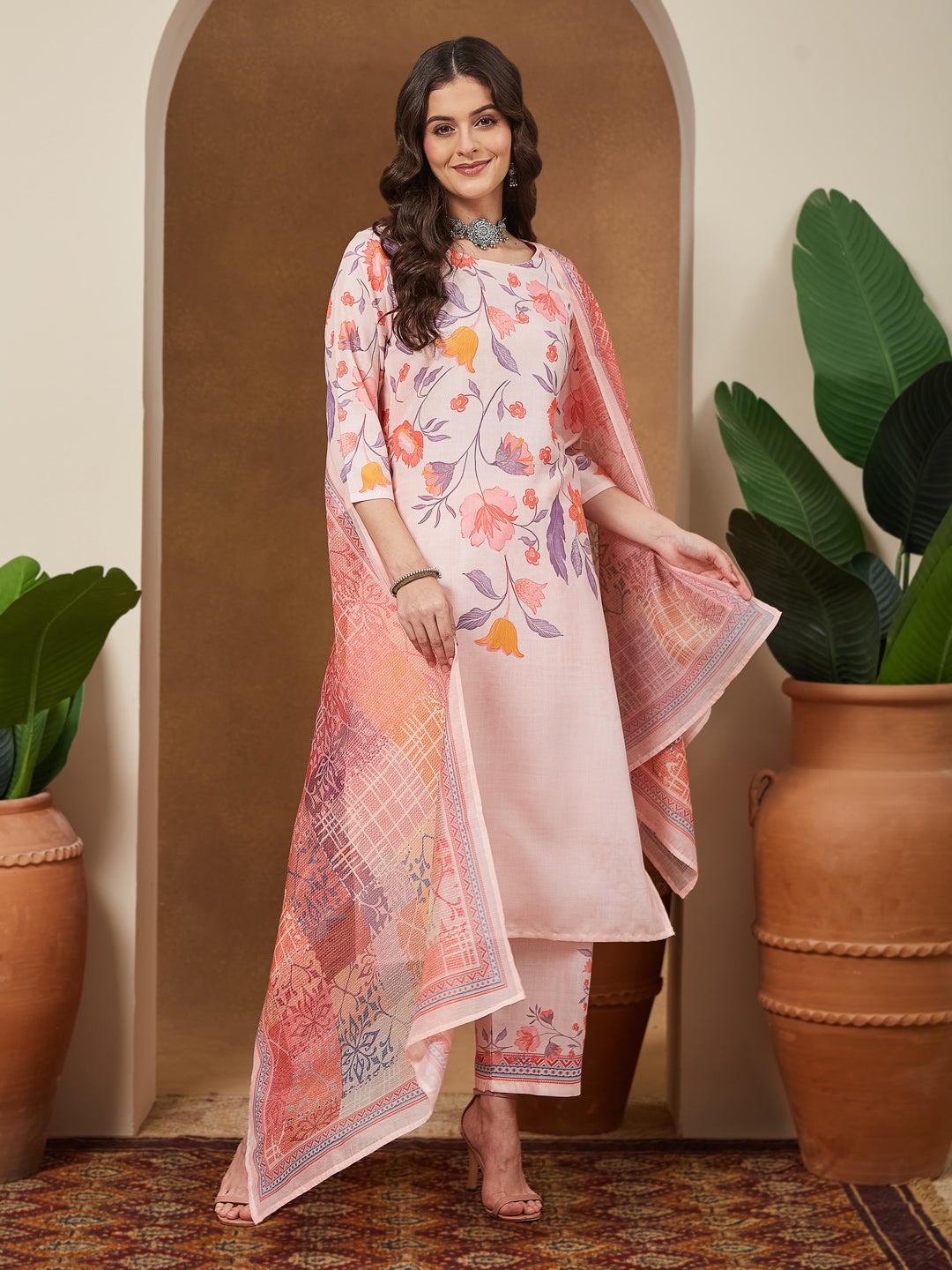 Janasya Women's Peach Cotton Blend Floral Printed Straight Kurta Set - qivii