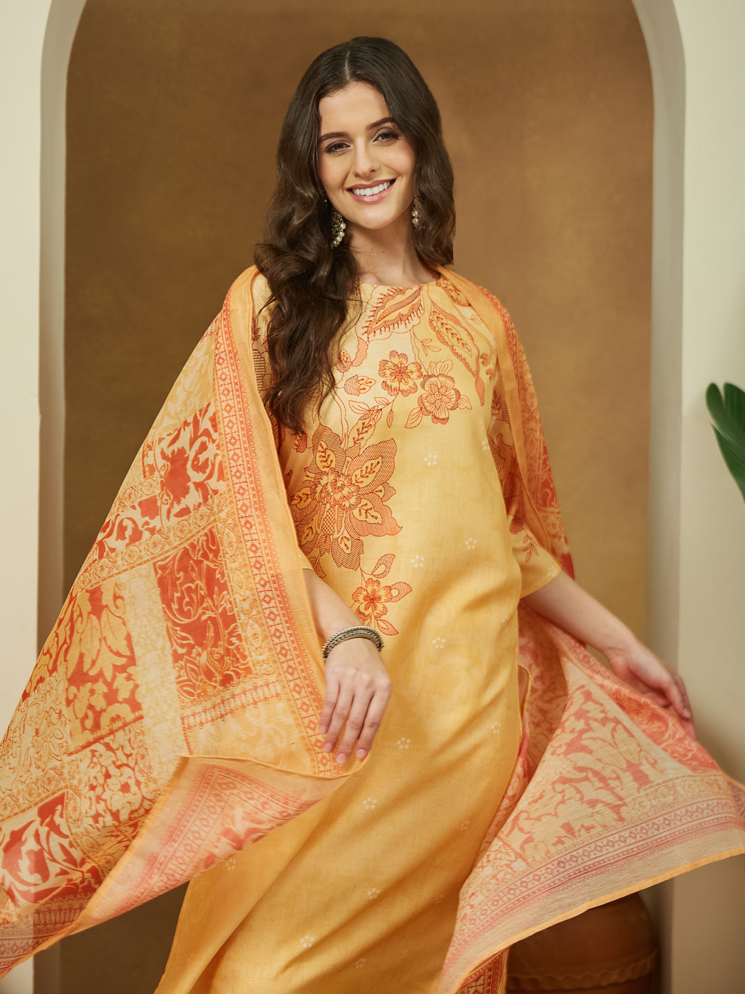 Janasya Women's Yellow Cotton Blend Floral Printed Straight Kurta Set - qivii