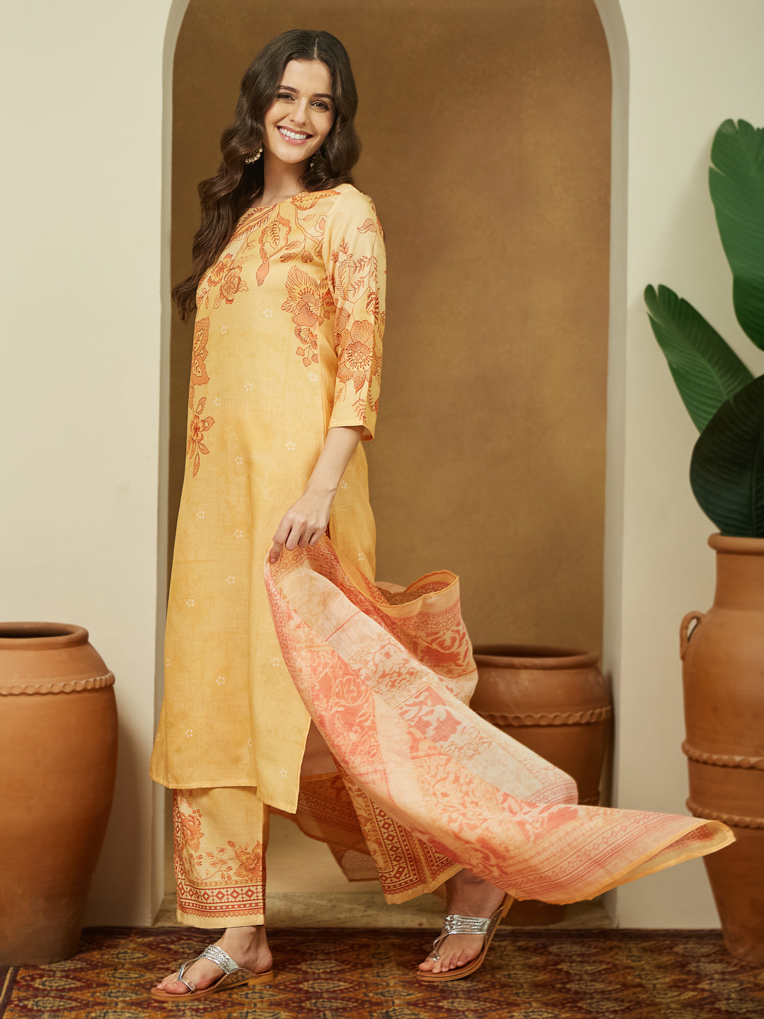 Janasya Women's Yellow Cotton Blend Floral Printed Straight Kurta Set - qivii