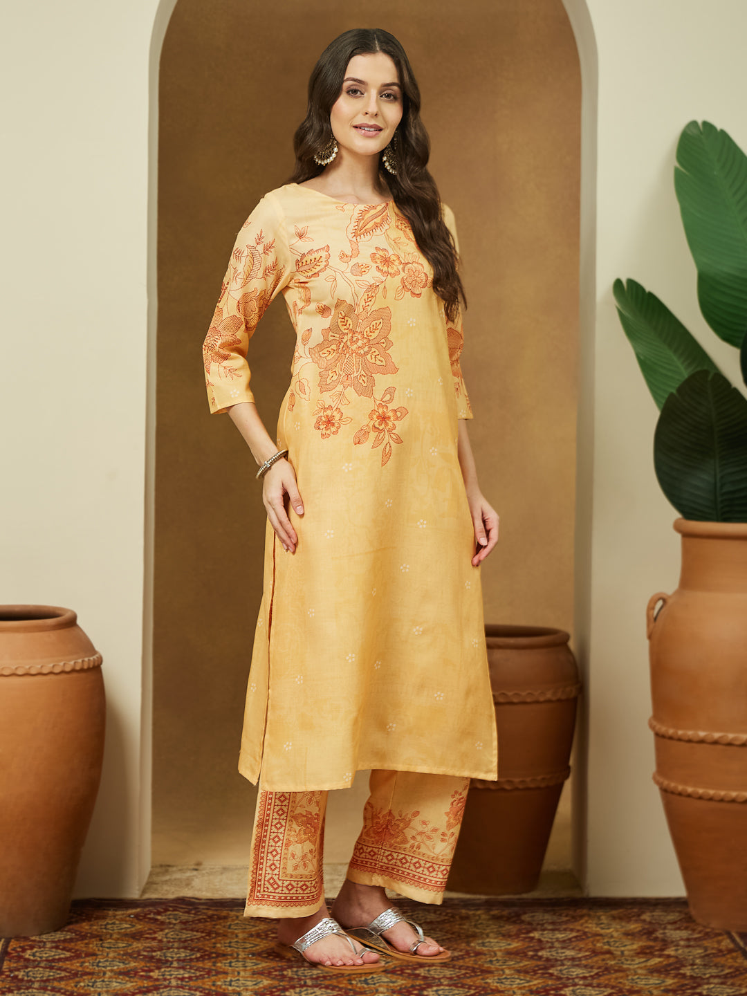 Janasya Women's Yellow Cotton Blend Floral Printed Straight Kurta Set - qivii