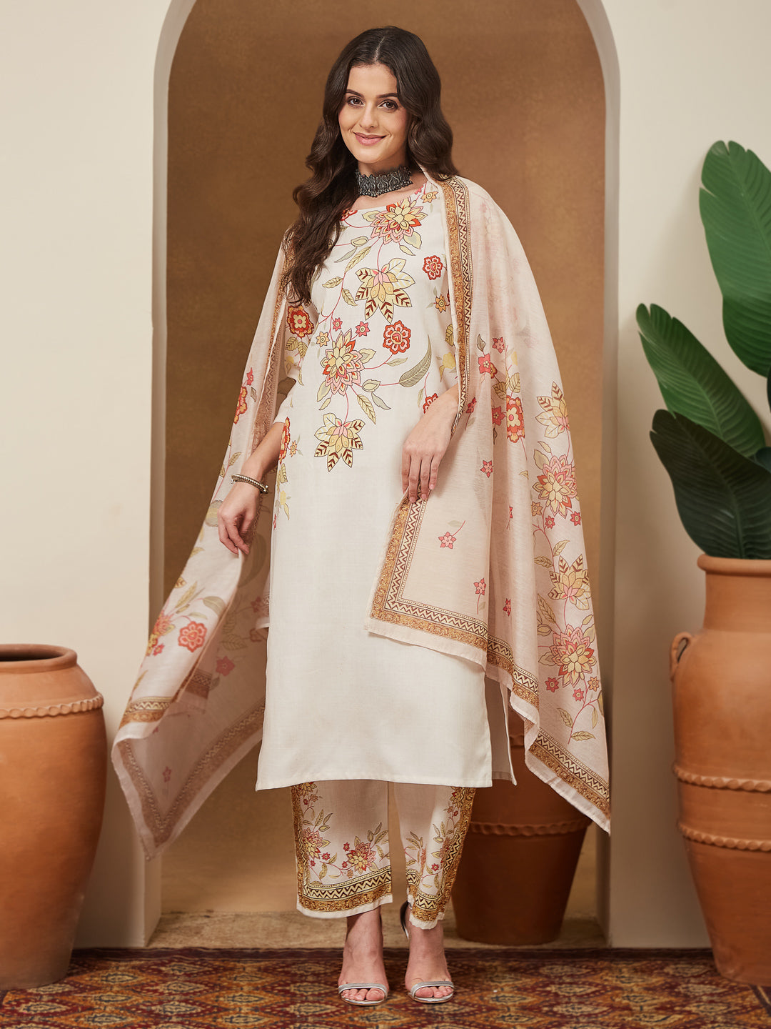 Janasya Women's Cream Cotton Blend Floral Printed Straight Kurta Set - qivii
