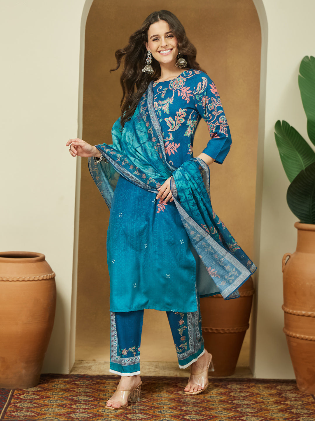 Janasya Women's Teal Blue Cotton Blend Floral Printed Straight Kurta Set - qivii