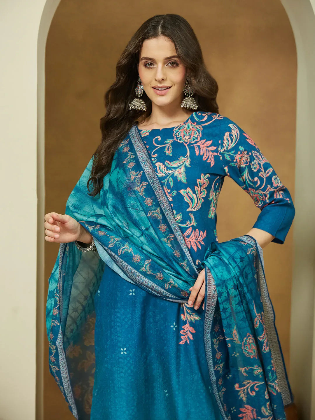 Janasya Women's Teal Blue Cotton Blend Floral Printed Straight Kurta Set