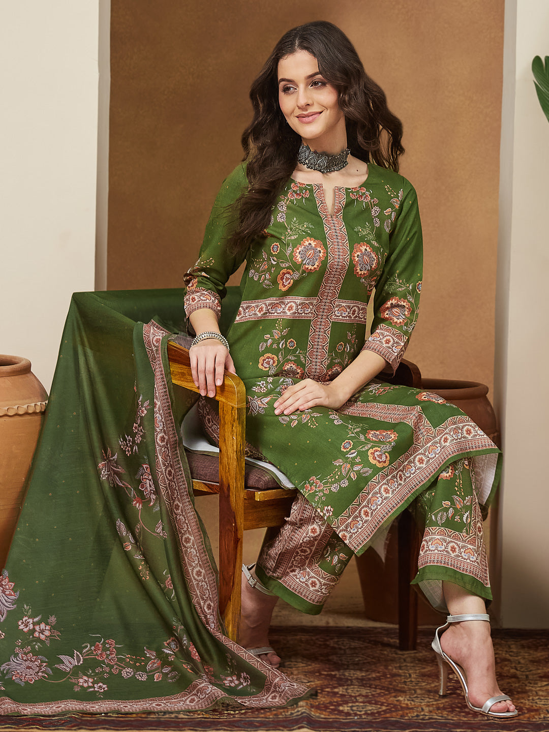 Janasya Women's Mehendi Green Cotton Blend Floral Printed Straight Kurta Set - qivii