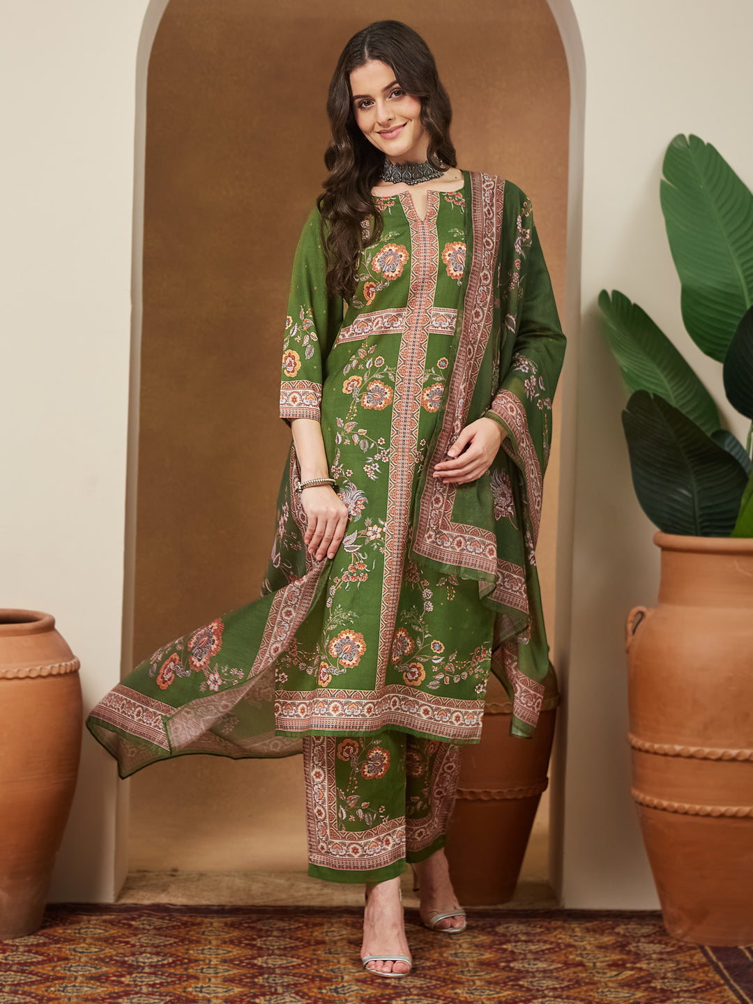 Janasya Women's Mehendi Green Cotton Blend Floral Printed Straight Kurta Set - qivii