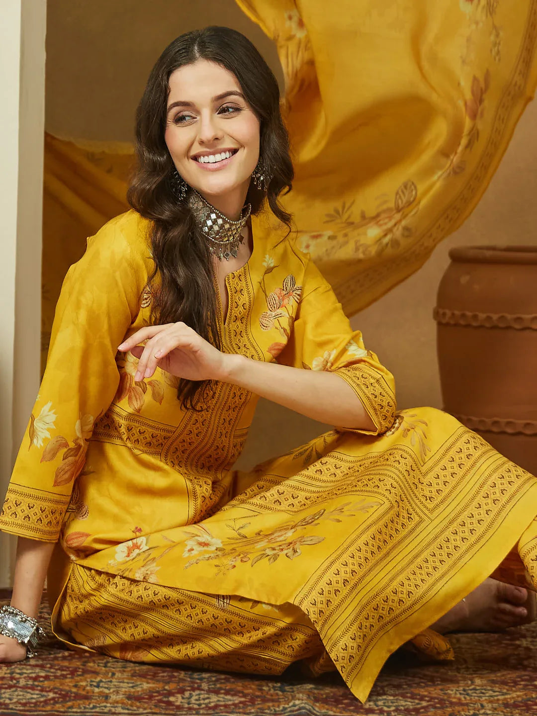 Janasya Women's Yellow Cotton Blend Floral Printed Pakistani Floral Straight Kurta Set