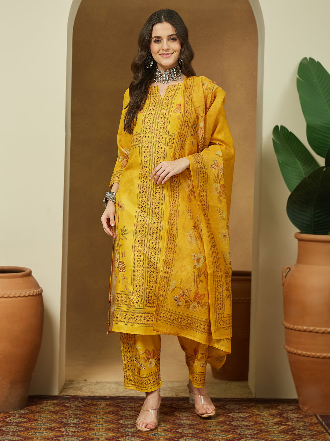 Janasya Women's Yellow Cotton Blend Floral Printed Pakistani Floral Straight Kurta Set - qivii