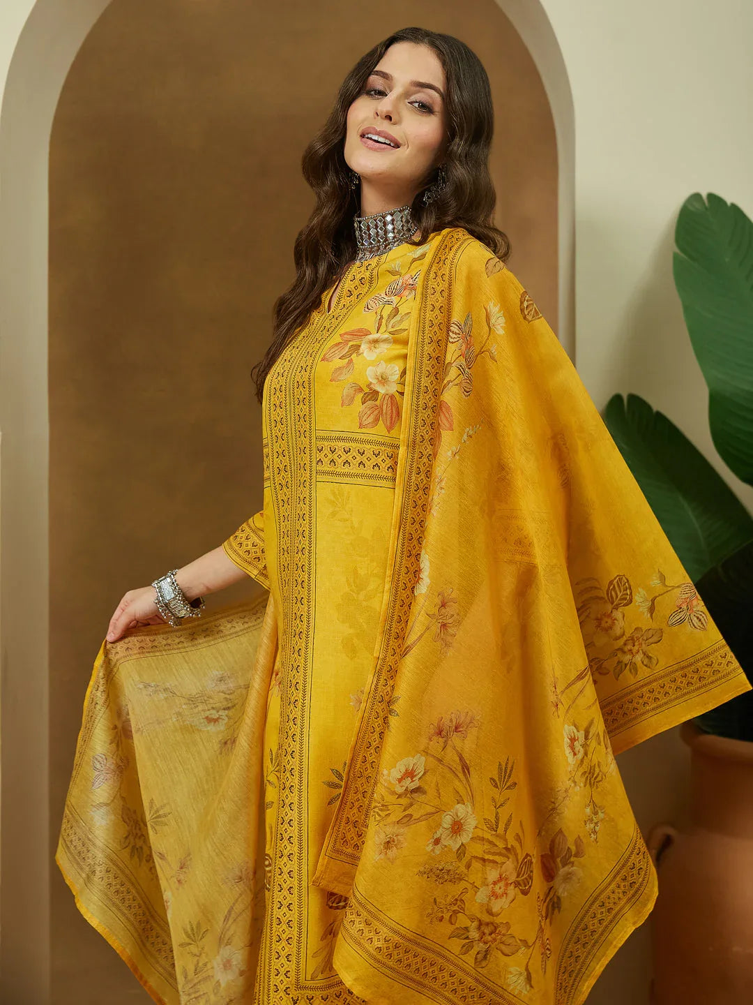 Janasya Women's Yellow Cotton Blend Floral Printed Pakistani Floral Straight Kurta Set