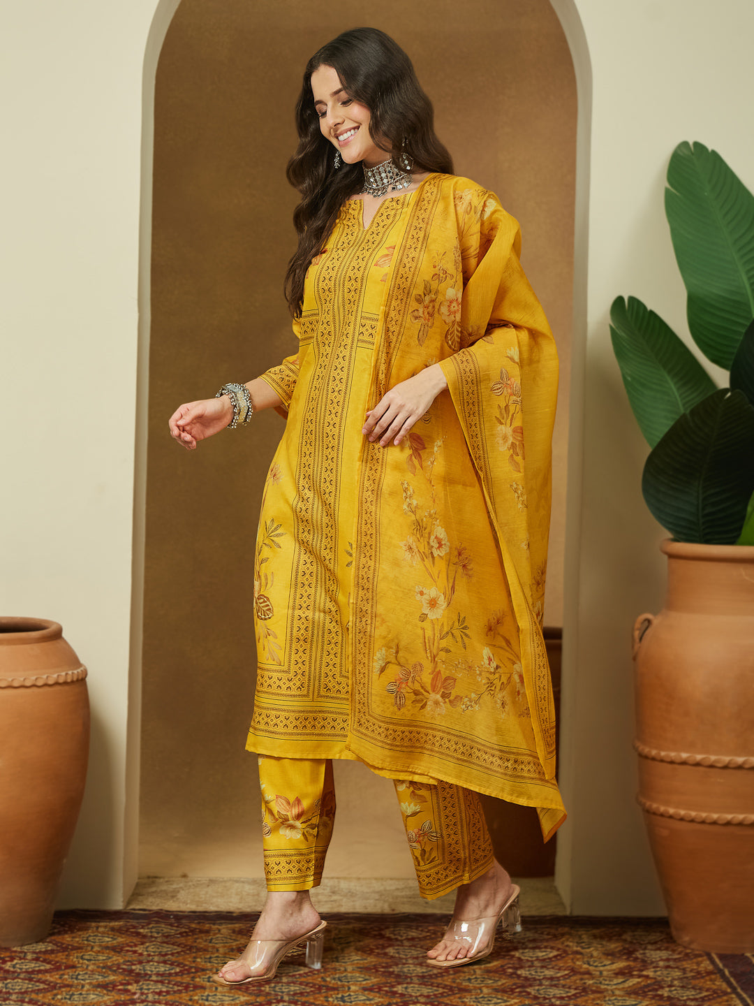 Janasya Women's Yellow Cotton Blend Floral Printed Pakistani Floral Straight Kurta Set - qivii