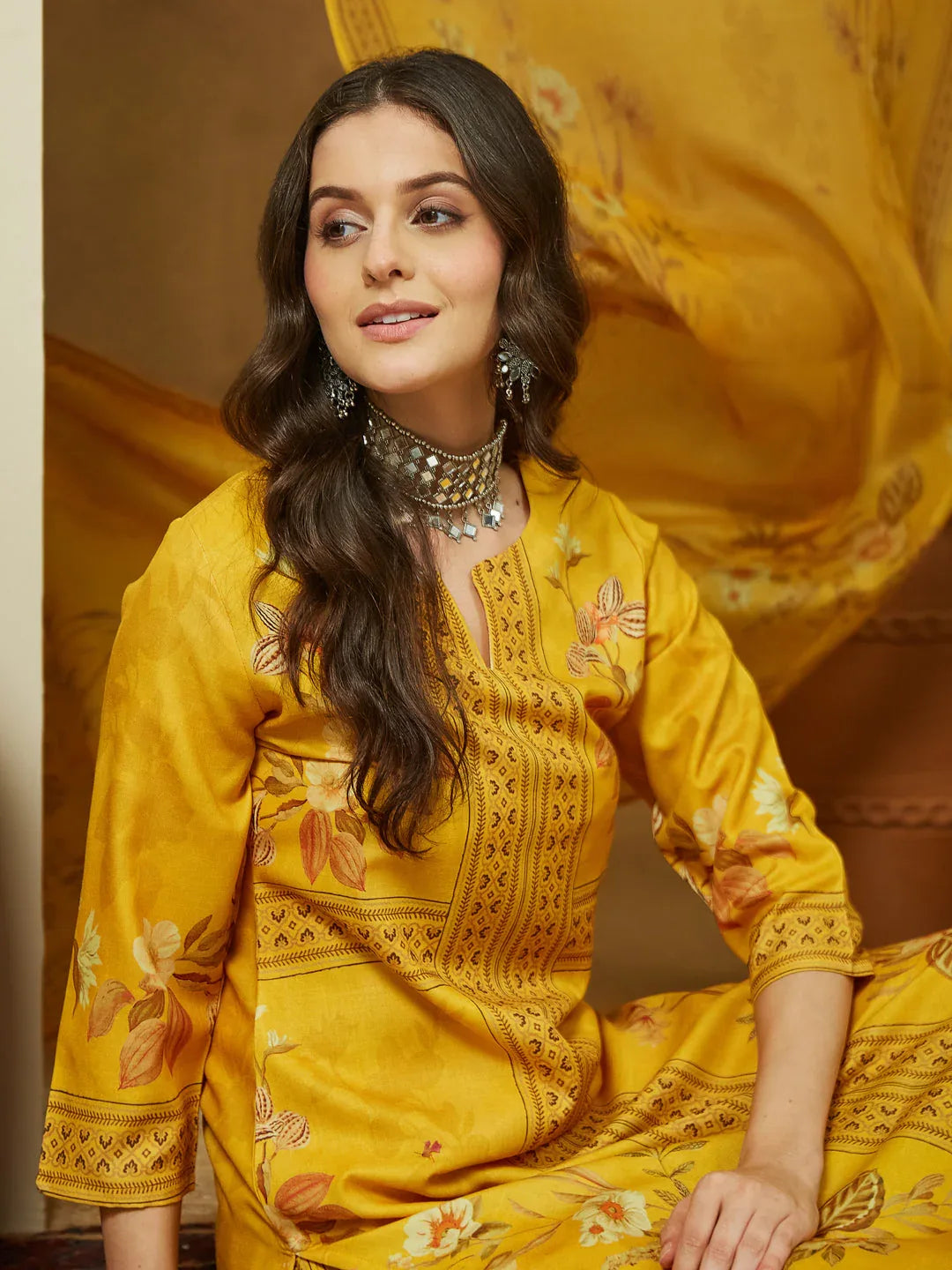 Janasya Women's Yellow Cotton Blend Floral Printed Pakistani Floral Straight Kurta Set
