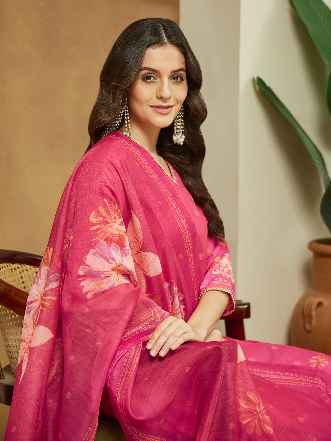 Janasya Women's Pink Cotton Blend Floral Printed Anarkali Kurta Set - qivii