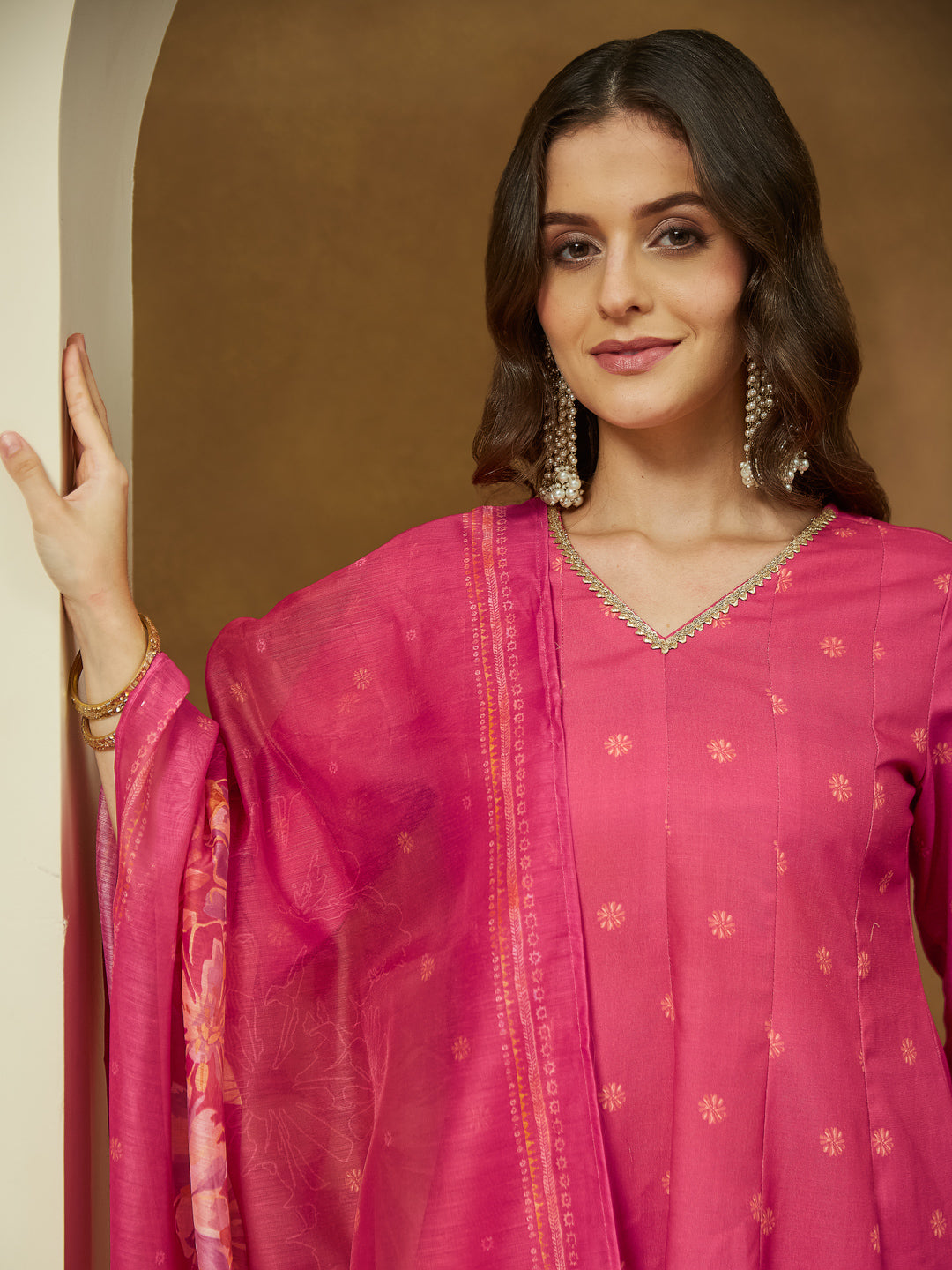 Janasya Women's Pink Cotton Blend Floral Printed Anarkali Kurta Set - qivii