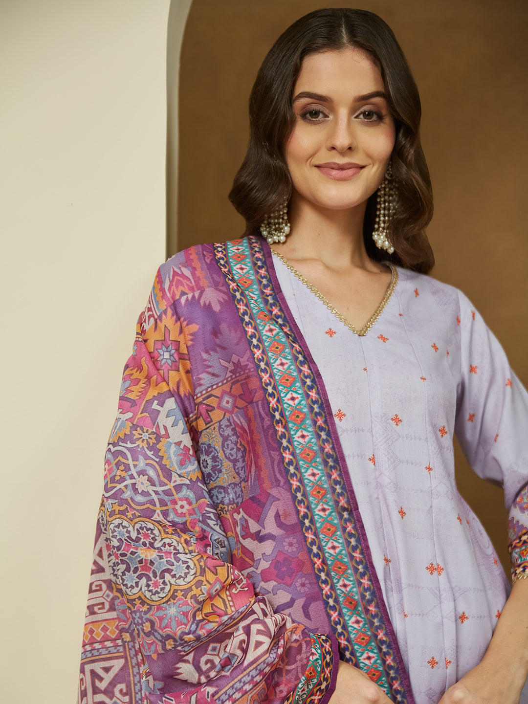 Janasya Women's Lavender Cotton Blend Ethnic Motifs Printed Anarkali Kurta Set - qivii