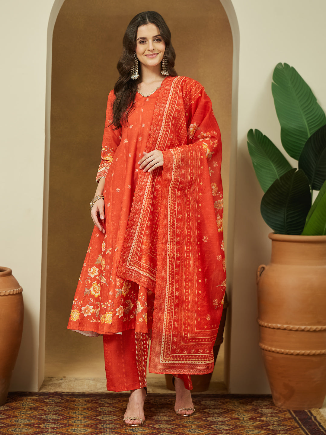 Janasya Women's Orange Cotton Blend Floral Printed Anarkali Kurta Set
