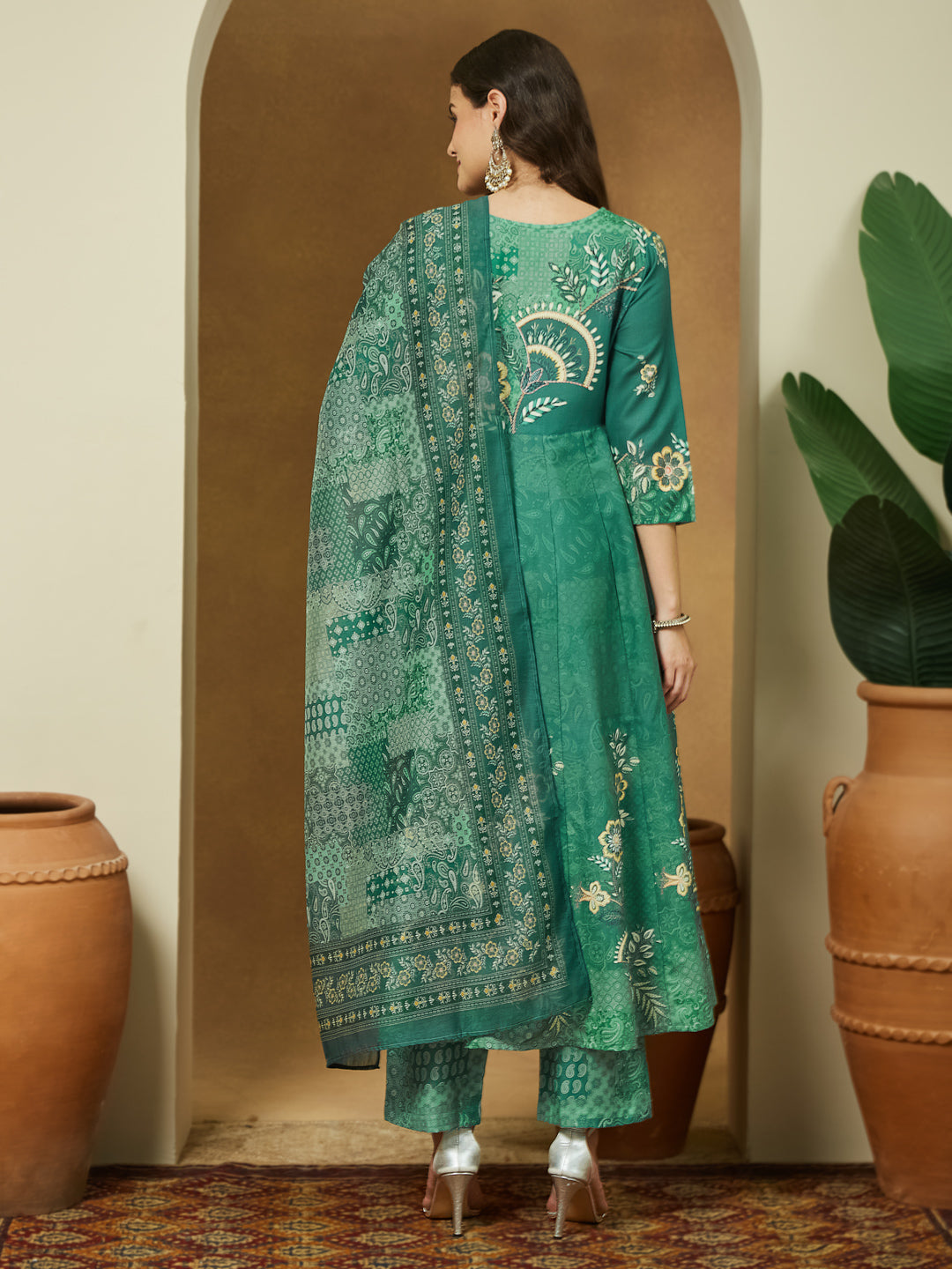 Janasya Women's Sage Green Cotton Blend Floral Printed Anarkali Kurta Set - qivii