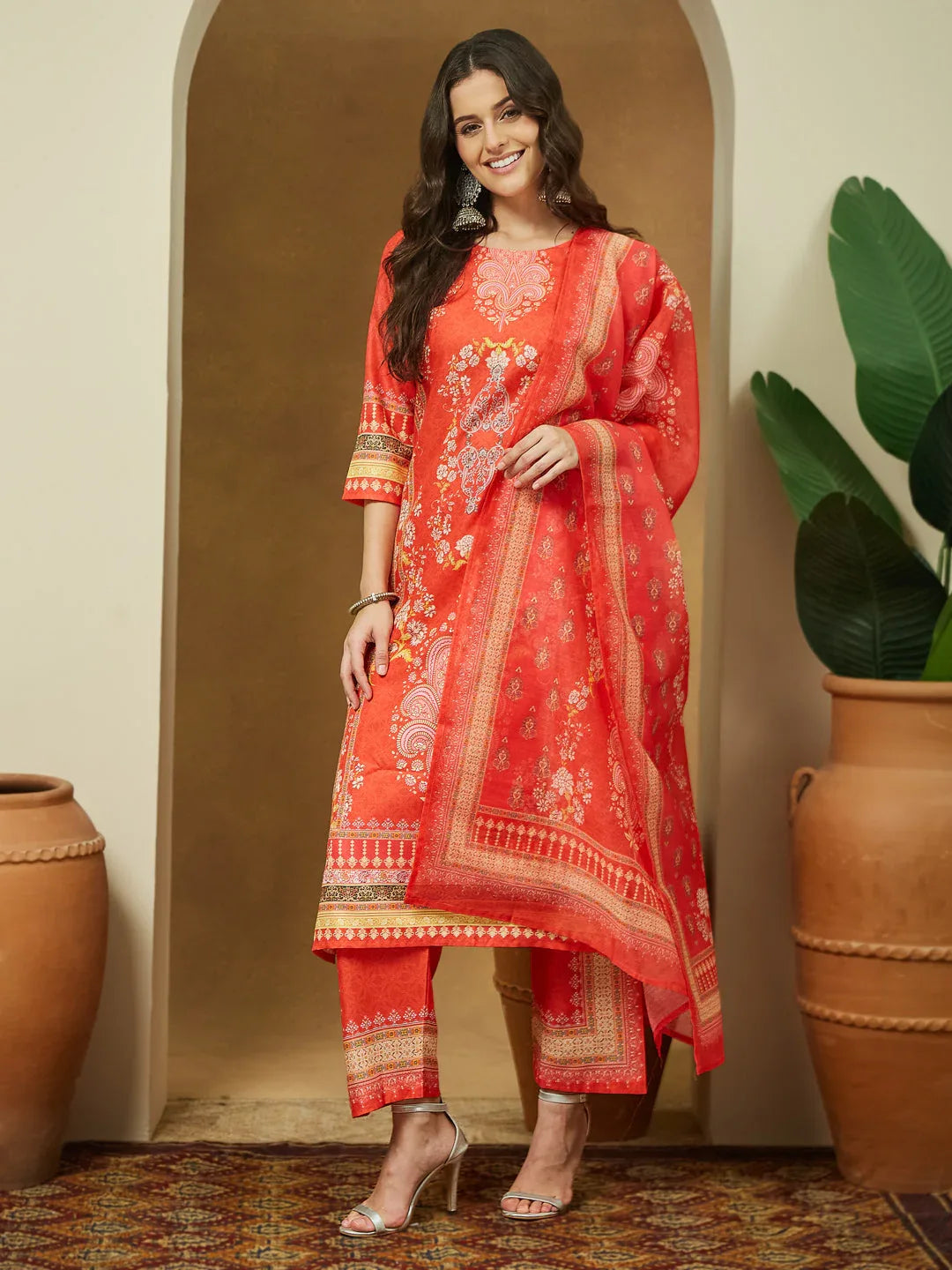 Janasya Women's Orange Cotton Blend Ethnic Motifs Printed Pakistani Straight Kurta Set
