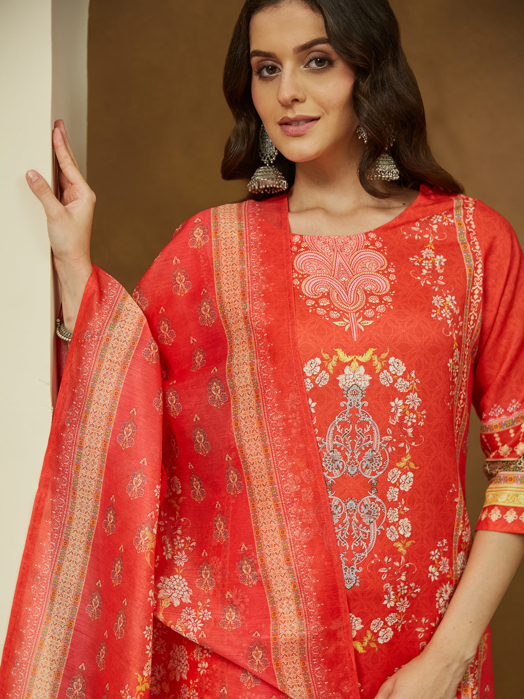 Janasya Women's Orange Cotton Blend Ethnic Motifs Printed Pakistani Straight Kurta Set - qivii