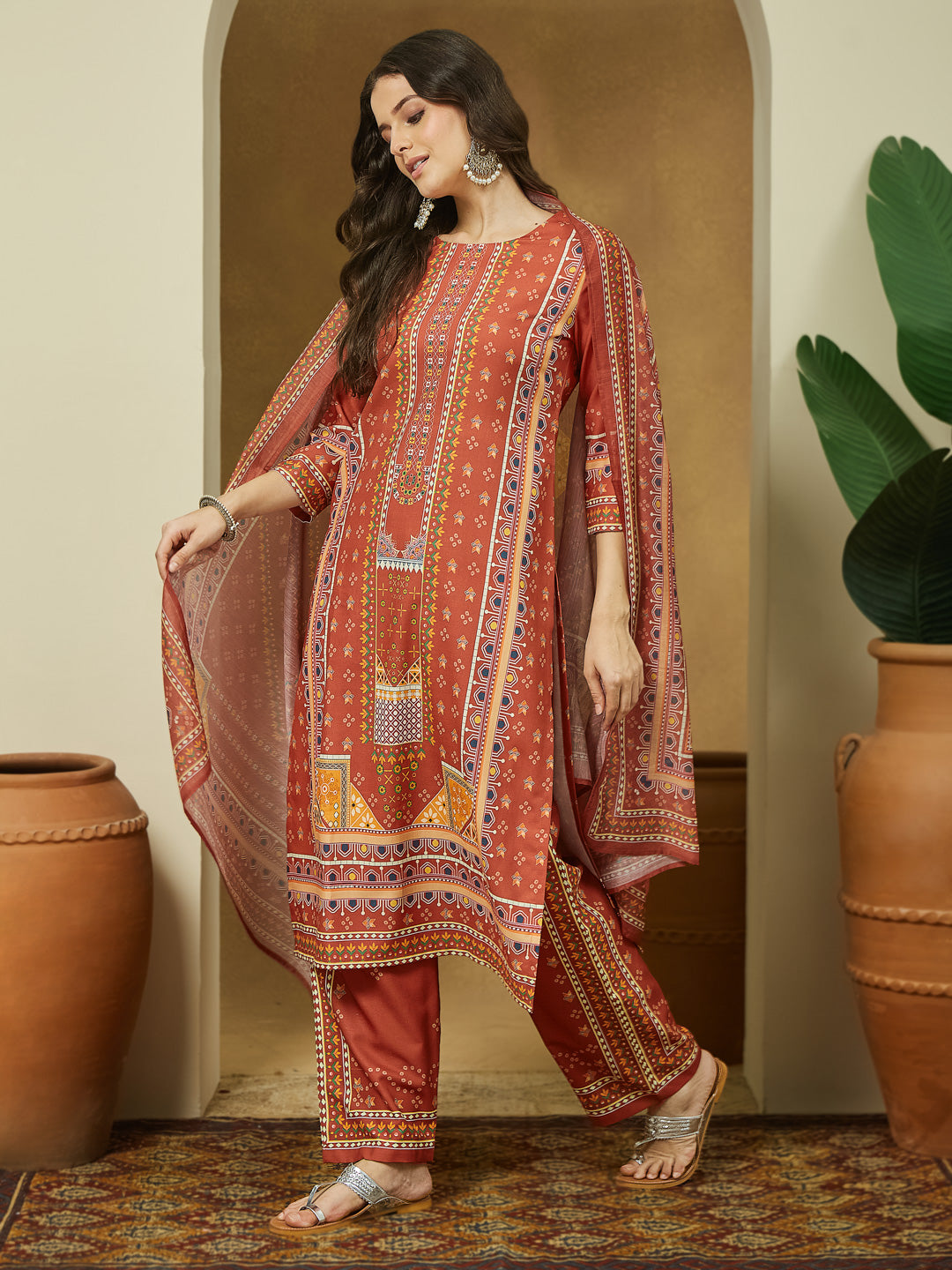 Janasya Women's Rust Cotton Blend Ethnic Motifs Printed Straight Kurta Set - qivii