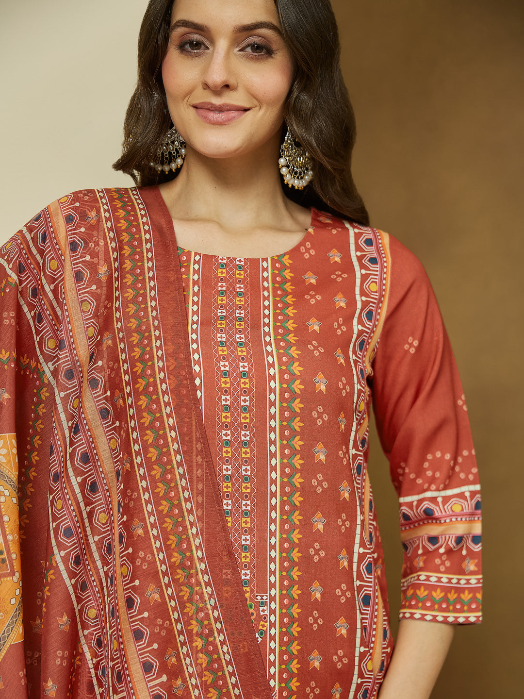 Janasya Women's Rust Cotton Blend Ethnic Motifs Printed Straight Kurta Set - qivii