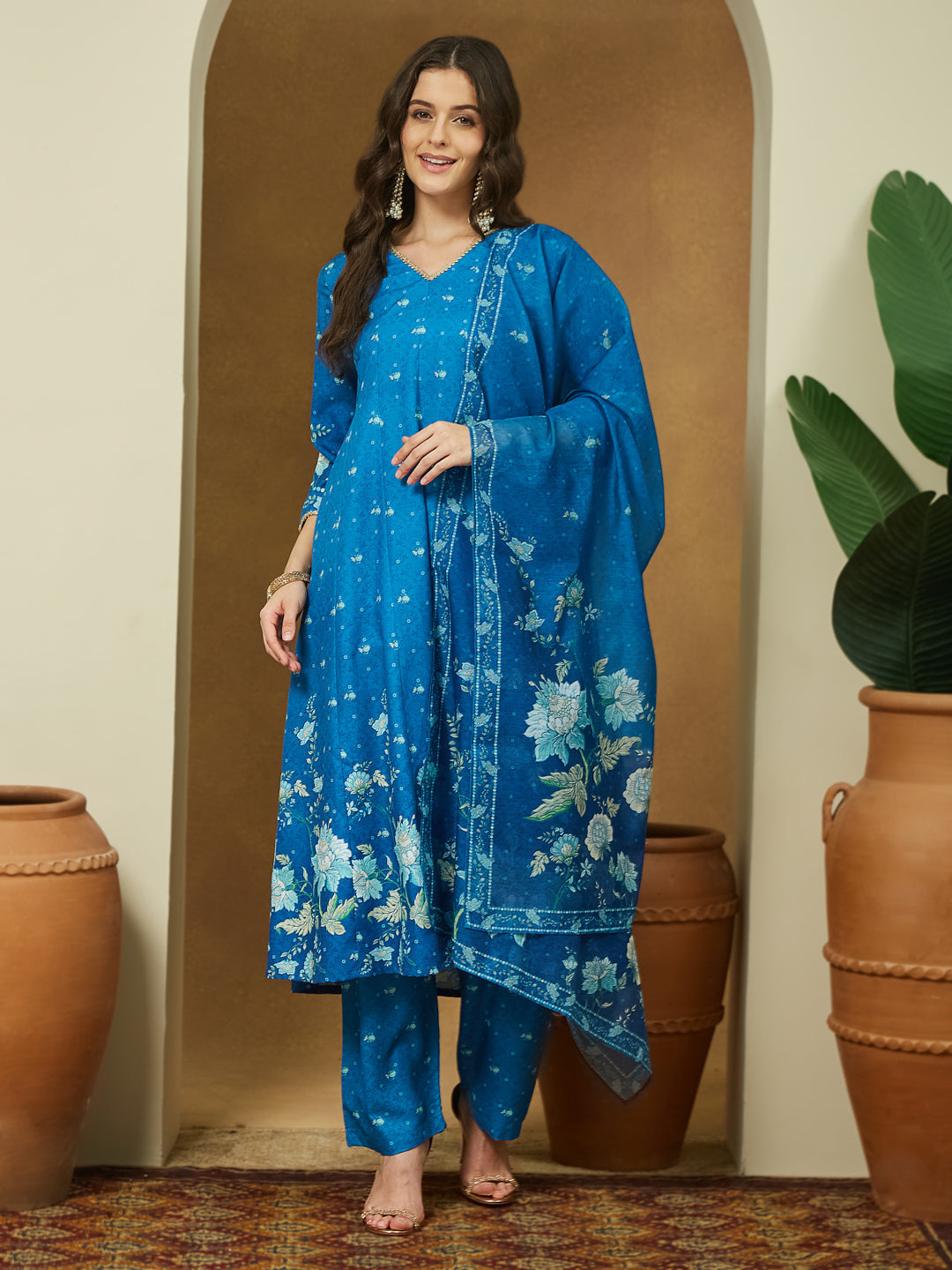 Janasya Women's Blue Cotton Blend Floral Printed Anarkali Kurta Set - qivii