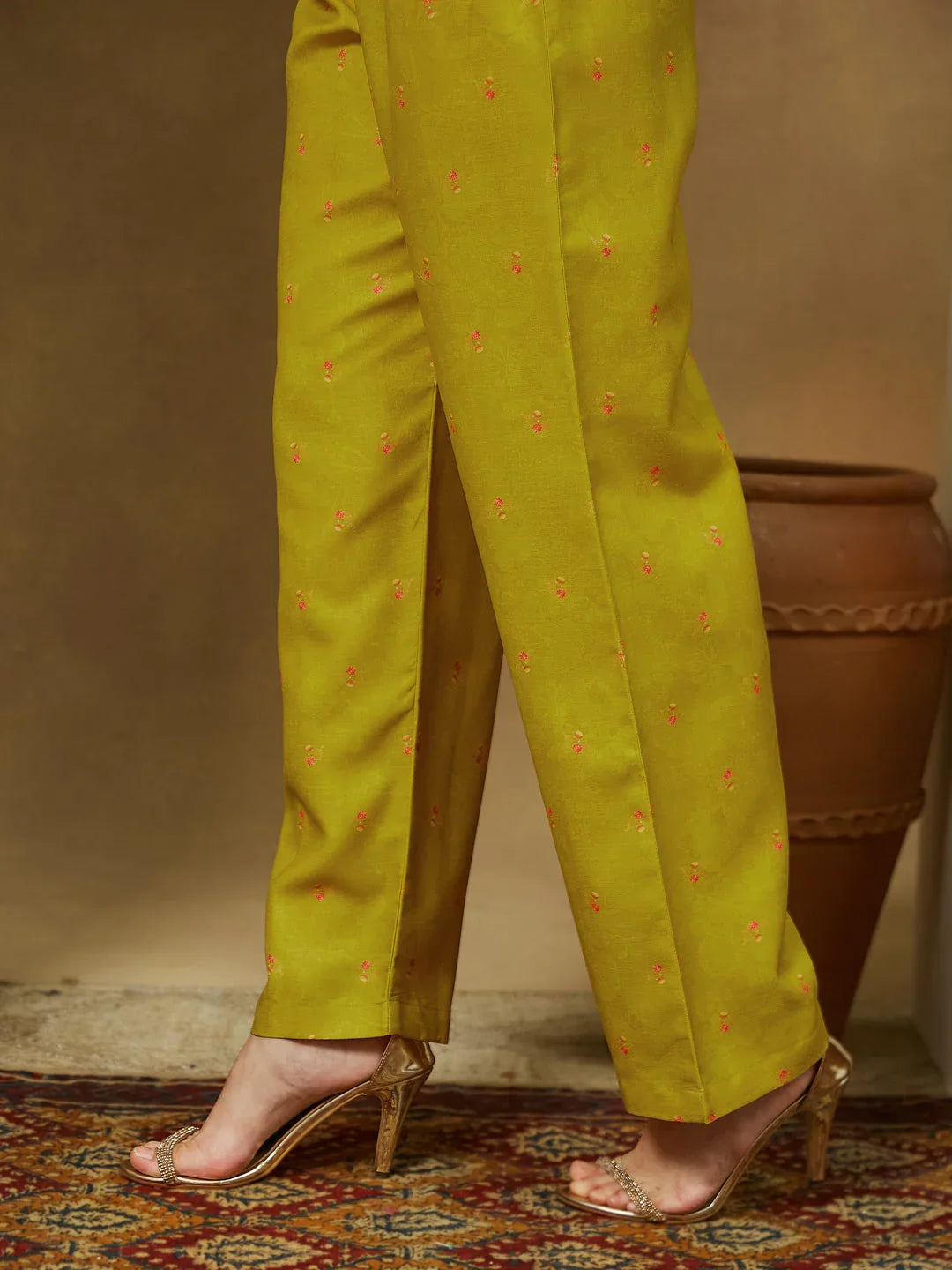 Janasya Women's Mustard Cotton Blend Floral Printed Anarkali Kurta Set