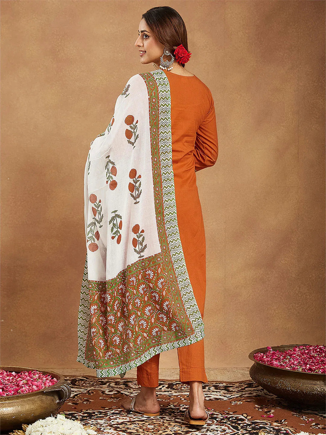 Janasya Women's Orange Pure Cotton Solid Straight Kurta Set