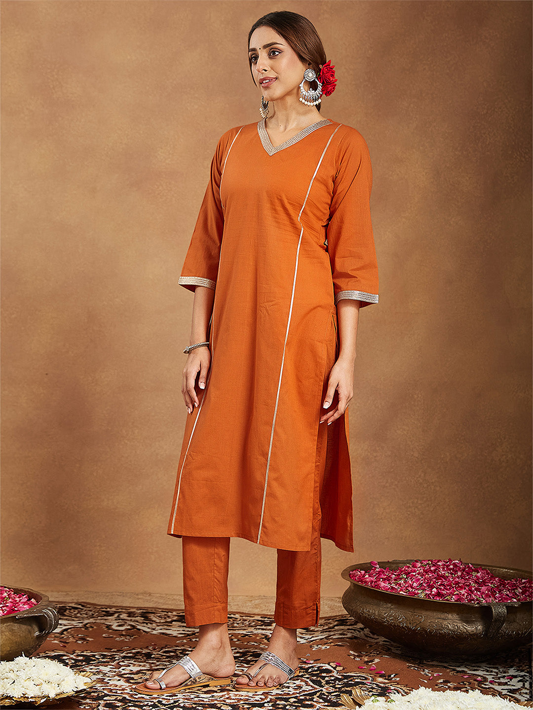 Janasya Women's Orange Pure Cotton Solid Straight Kurta Set - qivii
