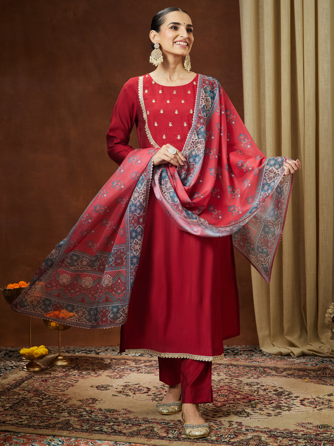 Janasya Women's Maroon Chanderi Silk Yoke Embroidered Straight Kurta Set