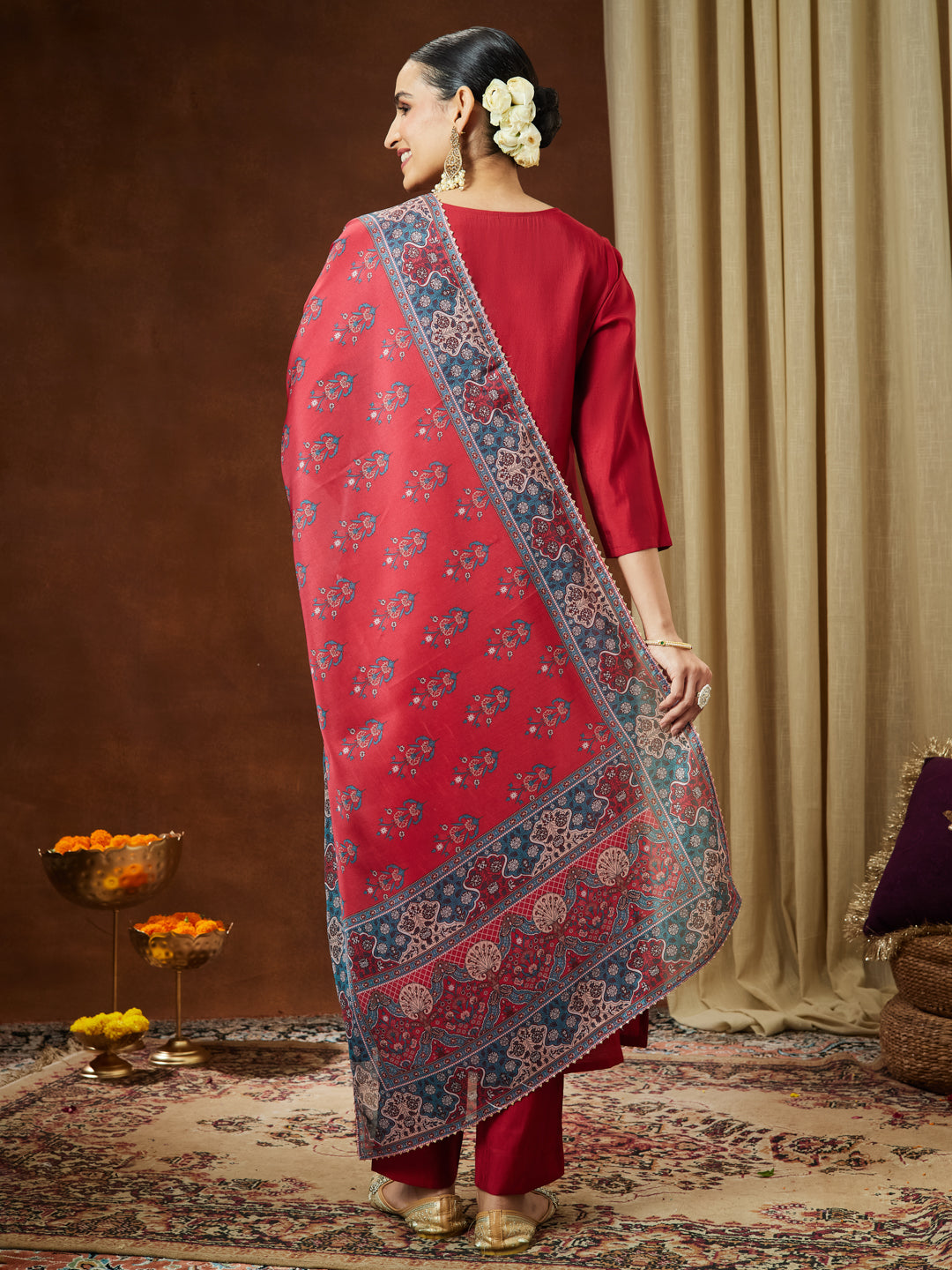 Janasya Women's Maroon Chanderi Silk Yoke Embroidered Straight Kurta Set