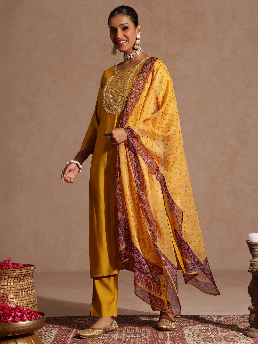 Janasya Women's Yellow Chanderi Silk Yoke Embroidered Straight Kurta Set - qivii