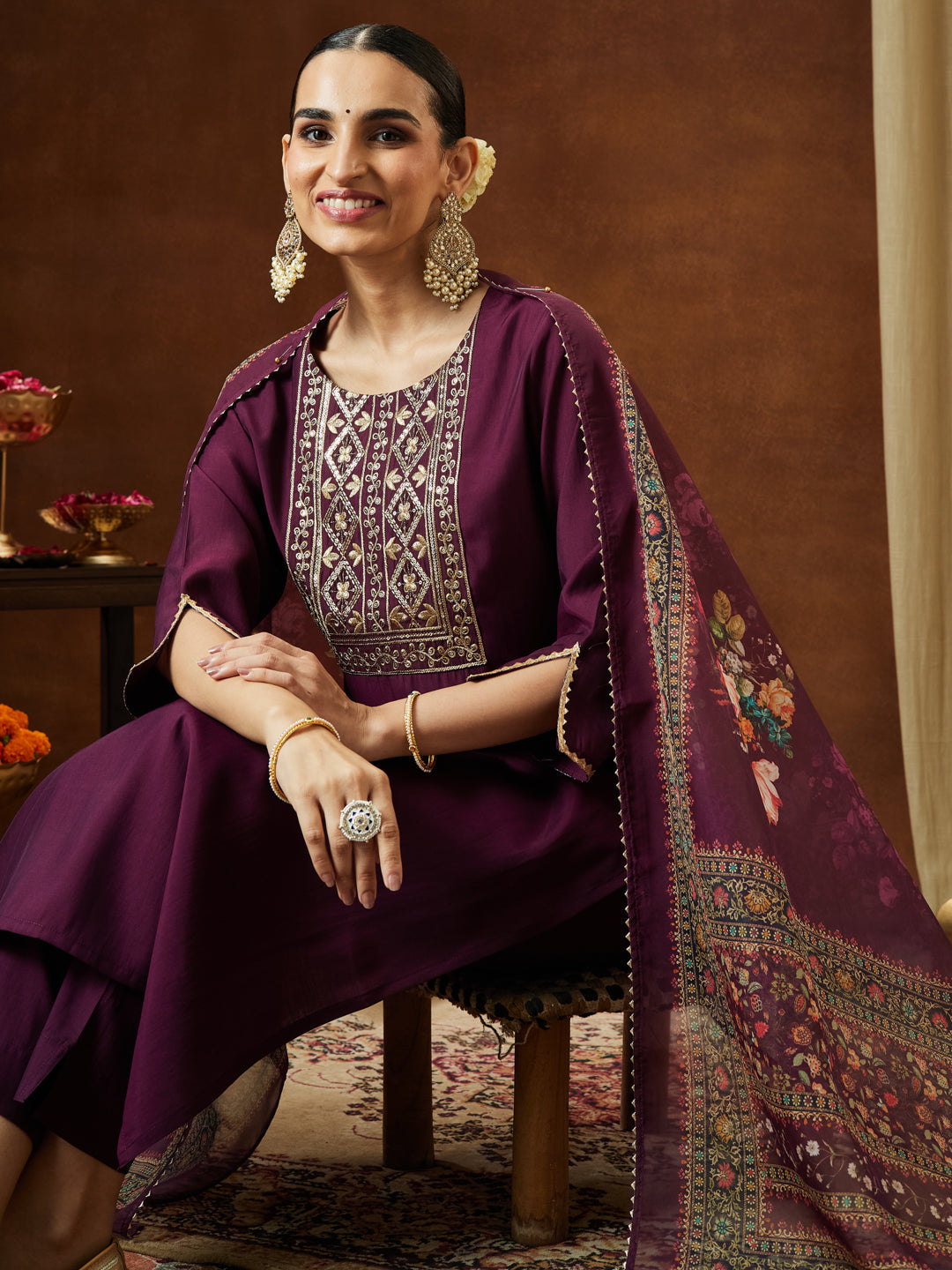 Janasya Women's Wine Chanderi Silk Yoke Embroidered Straight Kurta Set - qivii