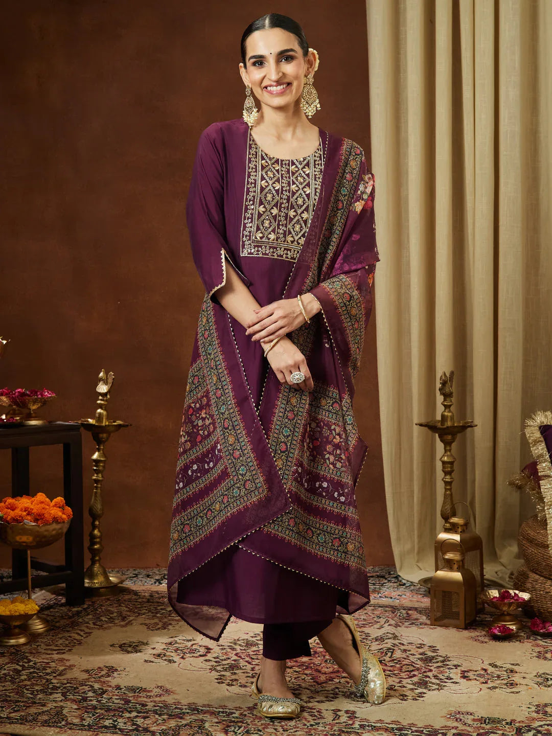 Janasya Women's Wine Chanderi Silk Yoke Embroidered Straight Kurta Set