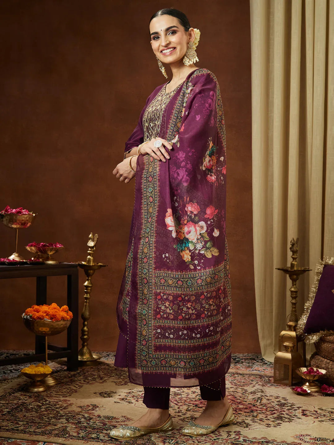 Janasya Women's Wine Chanderi Silk Yoke Embroidered Straight Kurta Set