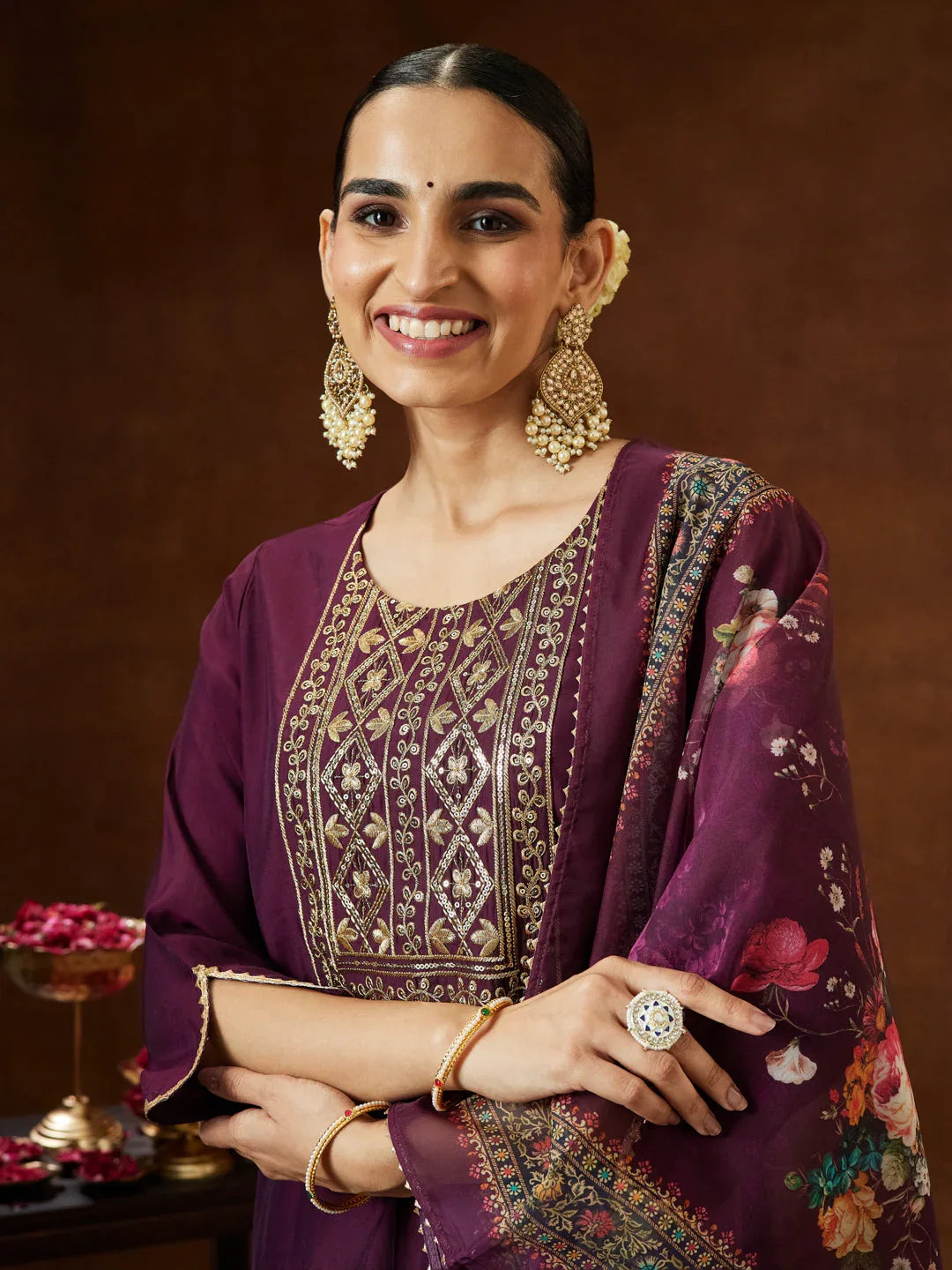 Janasya Women's Wine Chanderi Silk Yoke Embroidered Straight Kurta Set