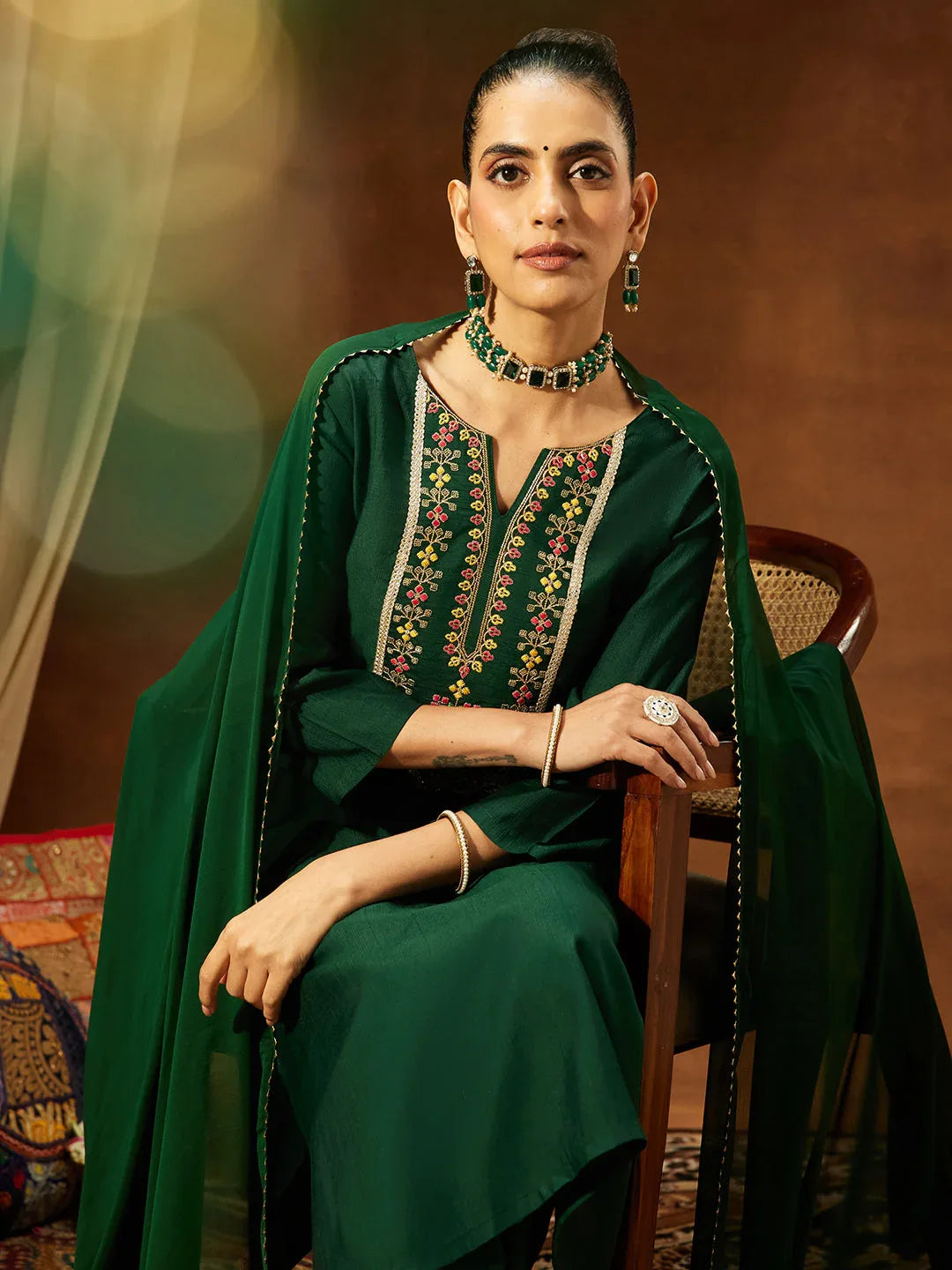 Janasya Women's Bottle Green Silk Blend Yoke Embroidered Straight Kurta Set