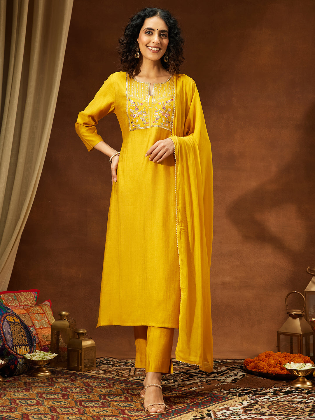 Janasya Women's Mustard Silk Blend Yoke Embroidered Straight Kurta Set