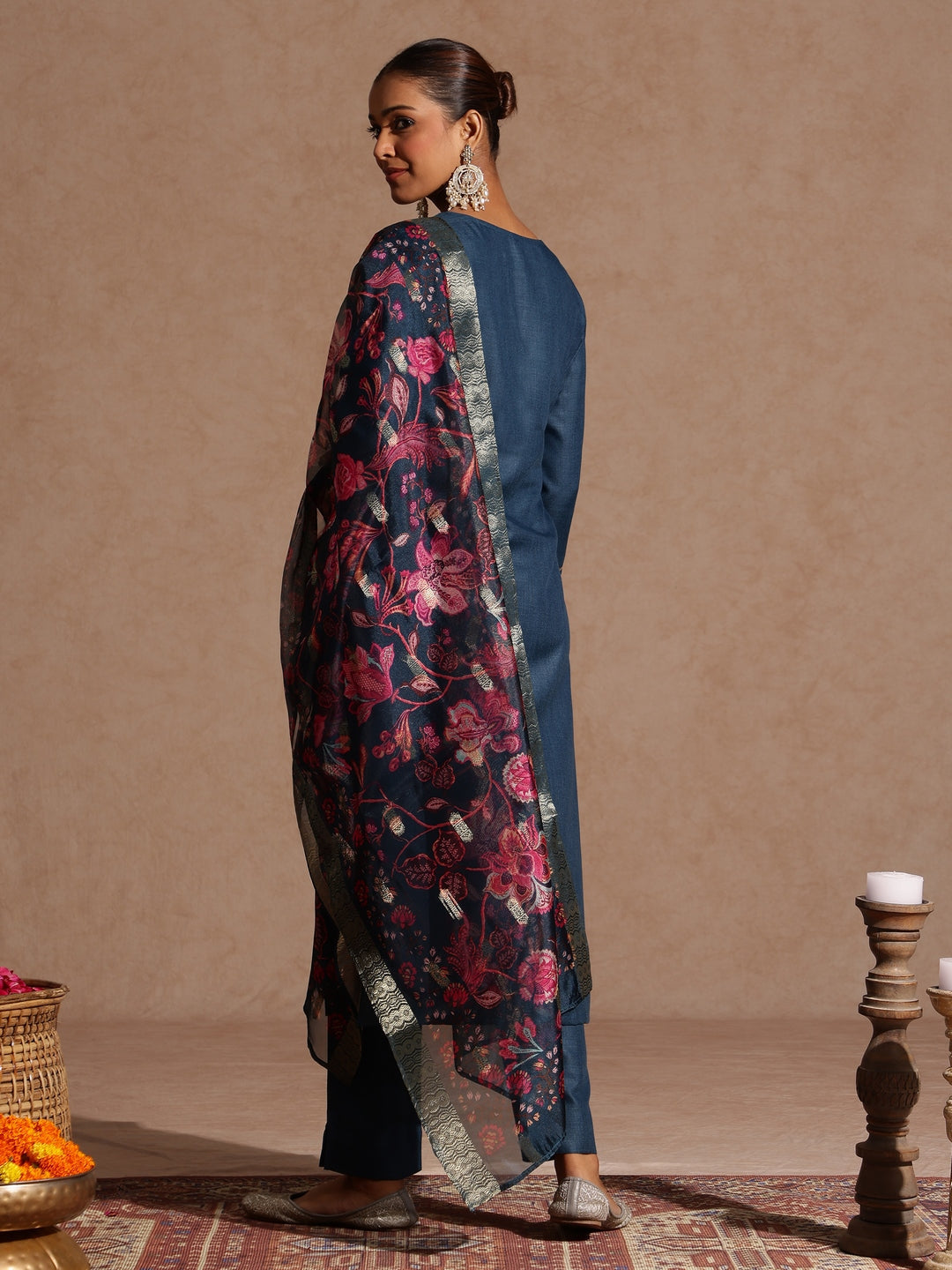 Janasya Women's Teal Blue Cotton Blend Yoke Design Straight Kurta Set With Printed Dupatta - qivii