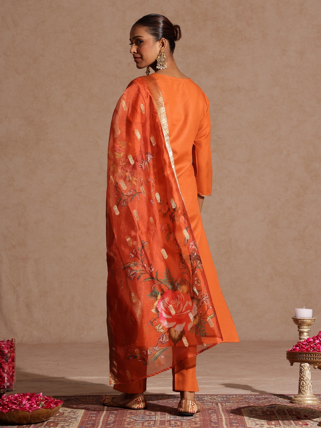 Janasya Women's Orange Cotton Blend Yoke Design Straight Kurta Set With Printed Dupatta - qivii
